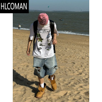 HLCOMAN美式潮牌薄款阔腿宽松痞帅五分短裤男高街膝盖破洞水洗牛仔裤男女
