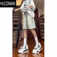 HLCOMAN美式高街破洞牛仔短裤男夏季水洗做旧痞帅炸街裤子设计感五分中裤