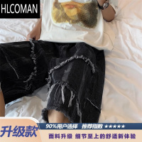 HLCOMAN毛边扎染牛仔短裤男款夏季薄款乞丐中裤胖子大码裤衩男士五分裤子