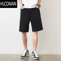 HLCOMAN美式复古牛仔短裤男2023夏季新款宽松直筒五分裤潮牌百搭黑色裤子