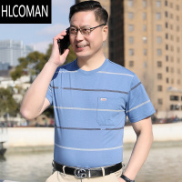 HLCOMAN中年男士爸爸夏装t恤短袖中老年男装圆领条纹真口袋上衣爷爷