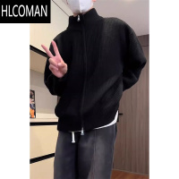 HLCOMAN黑色双拉链开衫毛衣男款oversize半高领外套高级感美式针织衫