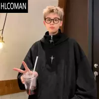 HLCOMAN绒美式加绒卫衣男2024新款潮牌半拉链高领连帽外套
