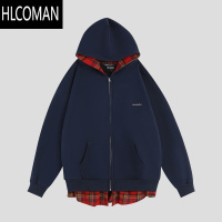 HLCOMAN[IKR]国潮牌情侣美式假拼接格子卫衣宽松加绒开衫外套男