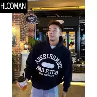 HLCOMAN美式复古字母印花连帽卫衣男加绒加厚情侣学院风百搭外套潮