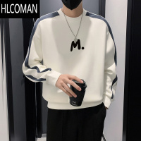 HLCOMAN拼接卫衣男款圆领套头外套潮牌2024新款痞帅印花长袖t恤上衣