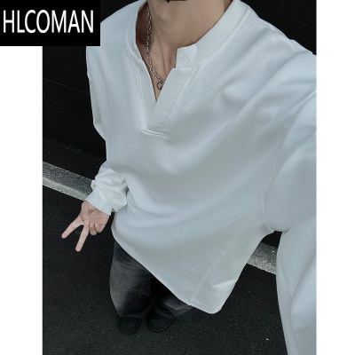 HLCOMAN白色v领卫衣男款亨利领长袖t恤基础款打底衫美式cleanfit外套