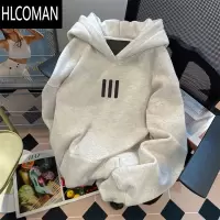 HLCOMAN灰色潮牌小众oversize连帽衫卫衣男女加绒宽松情侣百搭外套