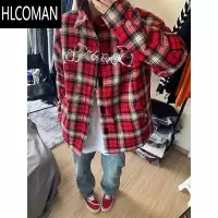 HLCOMAN春季新款美式复古酒红色长袖格子衬衫男高级感外套hiphop刺绣外套