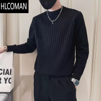 HLCOMAN卫衣男款2023新款痞帅长袖T恤高级纹理感圆领打底衫加绒潮流