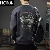 HLCOMAN秋季水洗山系印花卫衣男宽松大码圆领上衣美式复古长袖t恤潮