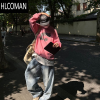 HLCOMANCGGA高街vibe美式复古卫衣男秋季圆领字母印花情侣卫衣外套