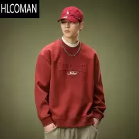 HLCOMAN钢印红色卫衣男圆领美式2024新款宽松运动长袖中性风外套