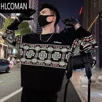 HLCOMAN民族风印花卫衣男长袖体恤t痞帅男装上衣T恤2024新款秋季外套