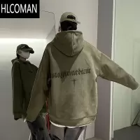 HLCOMAN加绒连帽卫衣男绒字母上衣服宽松男生帽衫外套粉色