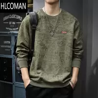 HLCOMAN2024秋季新款绒圆领卫衣男美式潮牌满印宽松长袖上衣外套