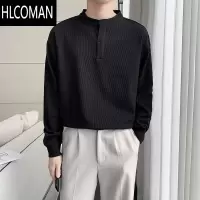 HLCOMAN亨利领长袖男t恤初秋穿搭男士卫衣潮牌韩版内搭款黑色打底衫