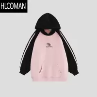 HLCOMAN[IKR]国潮牌情侣美式复古撞色插肩条纹卫衣加绒连帽衫男