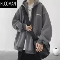 HLCOMAN特大码300斤复古灰色卫衣男女装新款连帽开衫潮牌休闲外套2