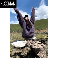 HLCOMAN绒紫色连帽卫衣男2024新款款美式帽衫潮牌慵懒风外套