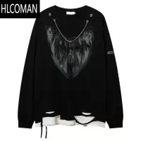HLCOMAN欧美潮牌嘻哈涂鸦破洞假长袖T恤男宽松百搭休闲叠穿卫衣