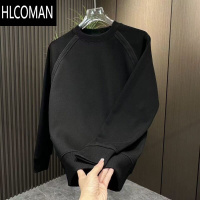 HLCOMAN2024秋季男士流行新款简约纯色线条卫衣个性贴布圆领休闲舒适上衣