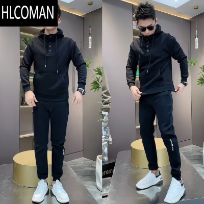 HLCOMAN048男士黑色连帽加绒休闲运动上衣百搭卫衣宽松潮牌男装长袖