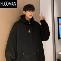 HLCOMAN半高领连帽卫衣男冬美式潮牌情侣外套假拉链加绒帽衫