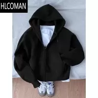 HLCOMAN黑色短款拉链开衫卫衣男潮秋季穿搭美式宽松cleanfit连帽外套