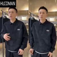 HLCOMAN新款复古扎染刺绣翻领卫衣男高级感百搭潮流休闲长袖上衣