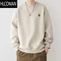 HLCOMAN纯色卫衣男款圆领宽松刺绣男上衣加绒休闲长袖打底衫男士
