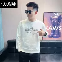 HLCOMAN2024男士新款潮流潮牌圆领卫衣时尚青年港风复古加绒长袖T恤