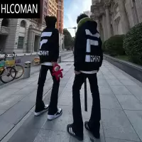 HLCOMAN美式高街vintage字母印花连帽卫衣男加绒潮牌宽松情侣帽衫ins