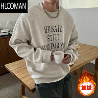 HLCOMAN美式复古字母标语印花圆领卫衣男加绒加厚潮牌休闲上衣