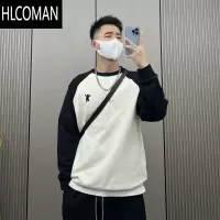 HLCOMAN新款美式拼色圆领T恤卫衣男长袖潮牌高级感百搭打底衫上衣
