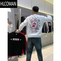 HLCOMAN2024潮牌圆领加绒红色卫衣男潮流麻将八方来财运个性过年长袖上衣