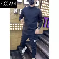 HLCOMAN秋季薄款简约纯色卫衣男潮牌圆领套头上衣圆弧燕尾长袖T恤衫