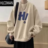 HLCOMAN美式复古高街日系圆领卫衣男装宽松加绒潮流百搭