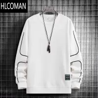 HLCOMAN圆领卫衣潮牌男款加绒长袖白色t恤加肥加大码胖子男士上衣服