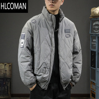 HLCOMAN冬季潮牌美式菱形格休闲男士棉服轻薄p暖立领面包服宽松棉衣外套