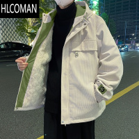 HLCOMAN羔绒夹克男士加绒加厚连帽晋江棉衣潮牌宽松百搭冬装外套