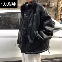 HLCOMAN两面穿棉服男ins加绒羔毛外套韩版潮流PU皮棉衣加厚棉袄