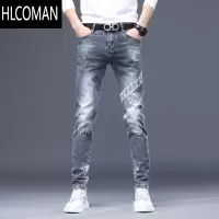 HLCOMAN款高端烫钻印花牛仔裤男潮牌修身小脚弹力长裤休闲直筒男裤子