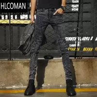 HLCOMAN雪花黑色男裤子弹力休闲秋季牛仔裤男款长裤款潮流修身小脚裤