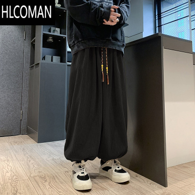 HLCOMAN新中式阔腿灯芯绒男裤子新款加绒加厚胖子大码宽松束脚灯笼裤