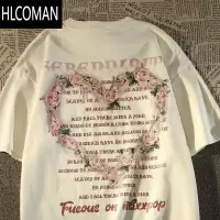 HLCOMAN美式复古玫瑰印花短袖t恤男夏季宽松欧美潮牌情侣ins潮流上衣