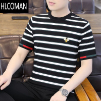 HLCOMAN短袖t恤男夏季冰丝针织衫条纹速干上衣2024新款男装半袖冰感体恤