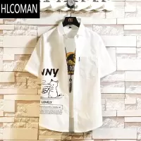 HLCOMAN夏季日系涂鸦短袖衬衫男士潮牌宽松半袖大码韩版潮流休闲衬衣外套
