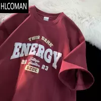 HLCOMAN红色美式复古T恤男短袖oversize夏季潮牌休闲宽松大码半袖