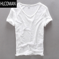 HLCOMAN欧美街头男士短袖竹节棉香港仔潮男V领破边纯色体T恤多色百搭